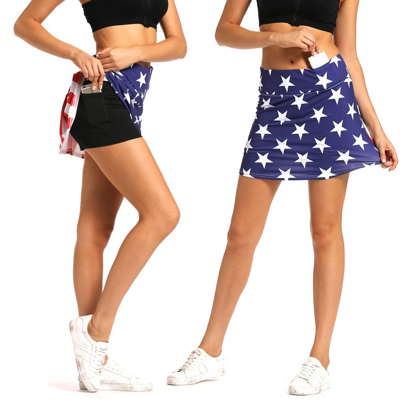 Ibeauti Pleated Tennis Skirt Golf Skort for Women with Pockets Shorts Athletic Workout Running Skirt Ruffle on Back (USA Flag, Small) - Image 4